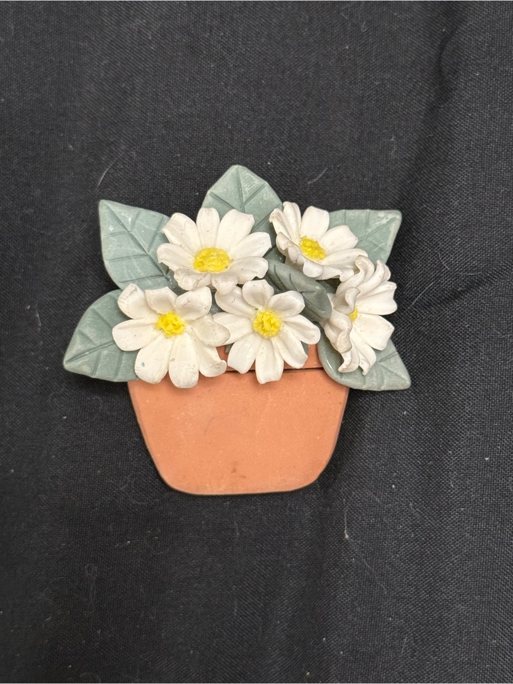 Ceramic Daisy Flower Pot Brooch - White, Yellow, Green, Terracotta